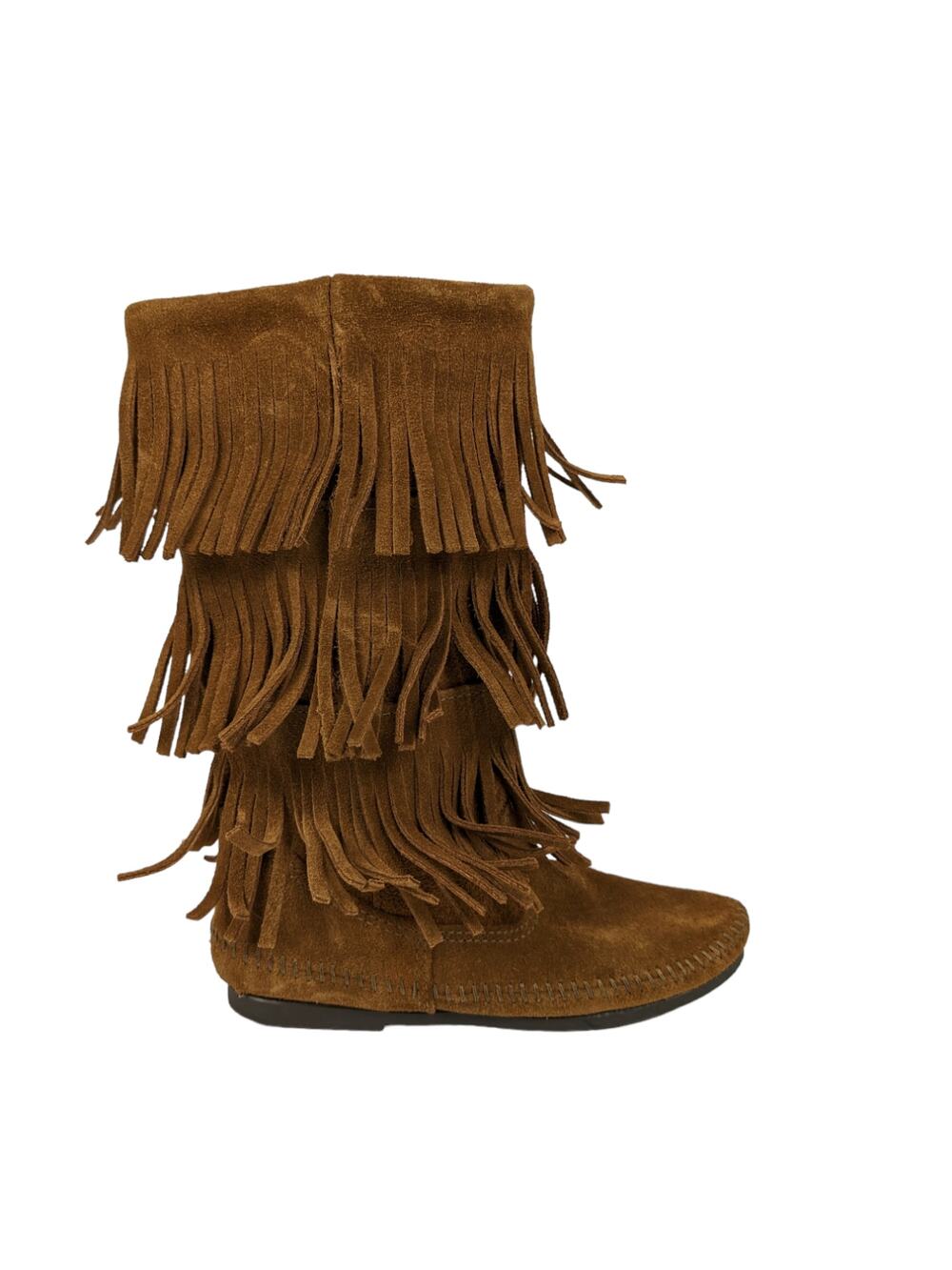 Minnetonka Boots 5 Camel Chestnut Brown Suede Leather Pull On Fringe Moccasins